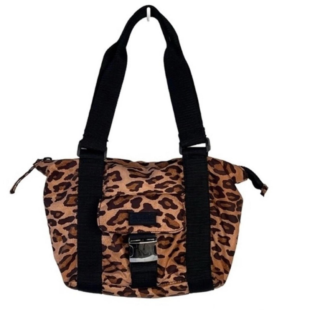 Lauren Ralph Lauren Leopard Print Nylon Shoulder Bag Buckle Detail Brown Black
